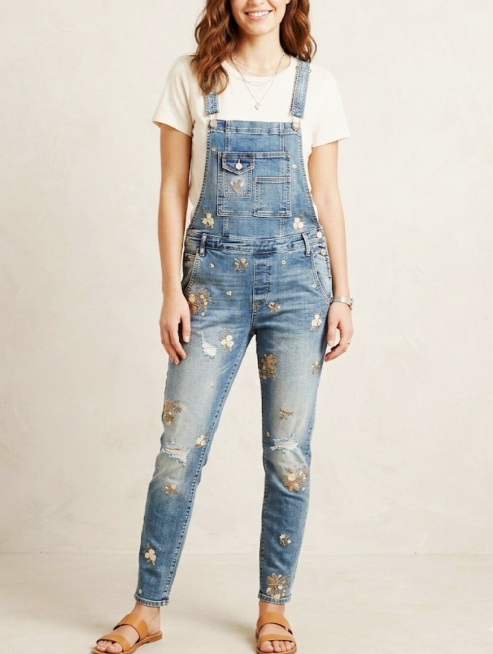 DRIFTWOOD Frida Light Blue Floral Embroidered Jumpsuit Distressed Size Large